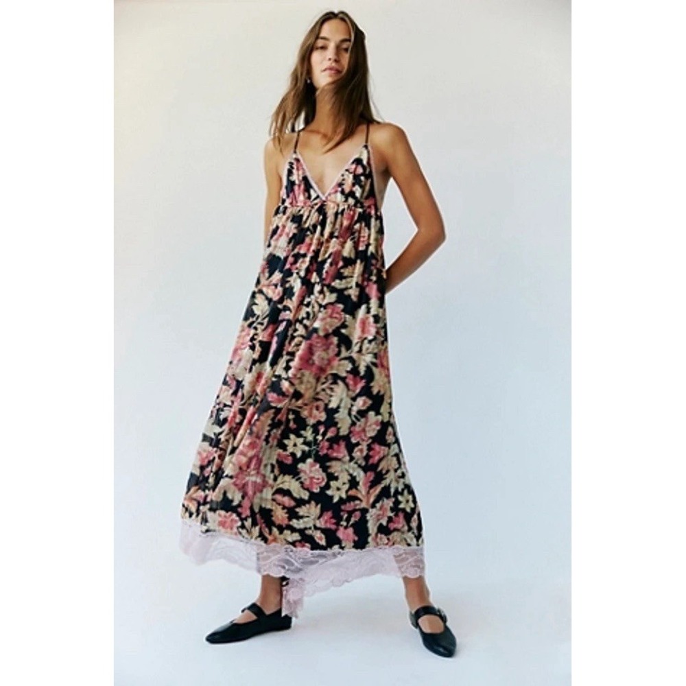 Free People Primmy Printed Midi Maxi Dress Sz Small Black Combo Floral Lace NWOT